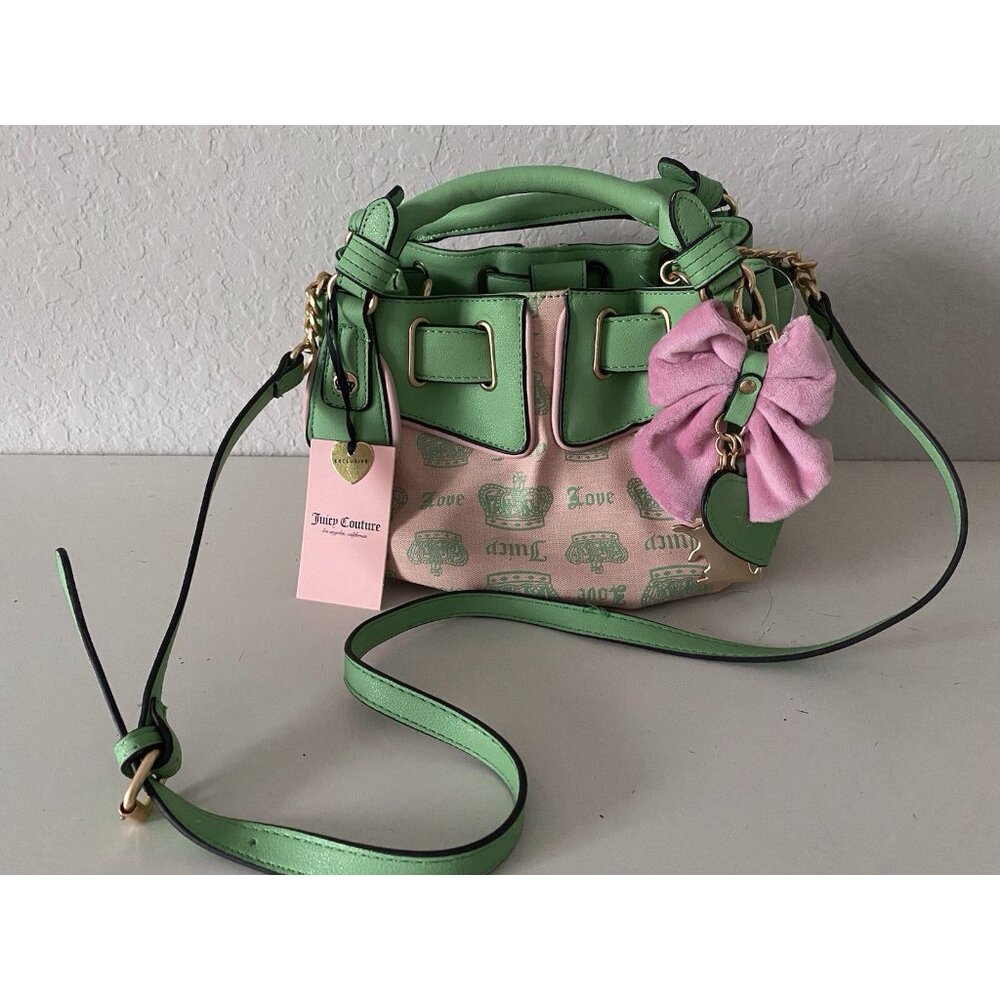 Juicy Couture Juicy Fan Club Crossbody Bag Pink Diamond Retro Green Bow & Charms